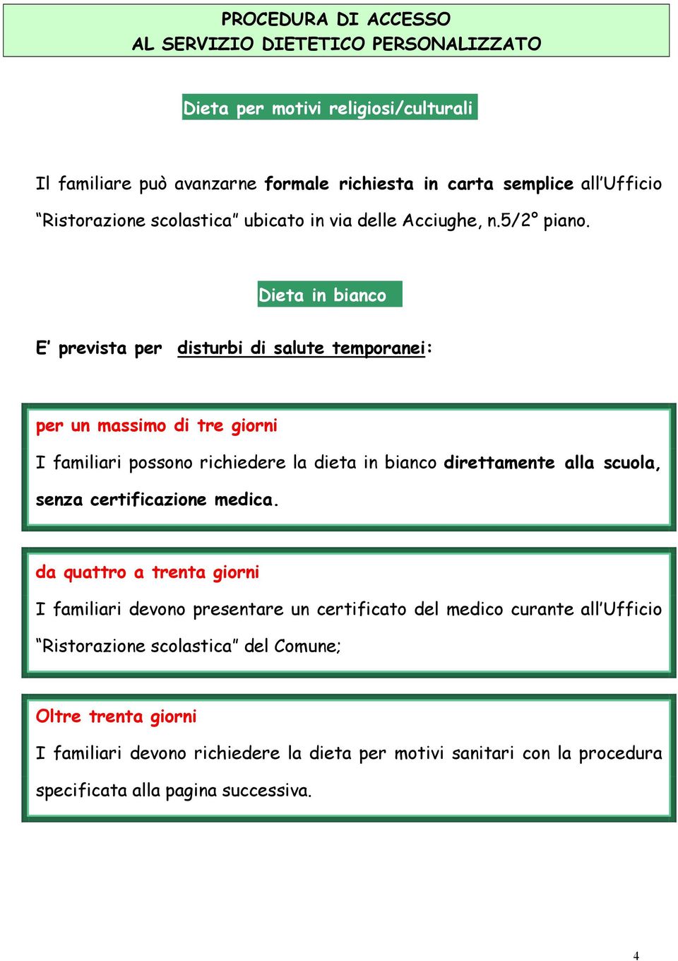 . E prevista per disturbi di salute temporanei: per un massimo di tre giorni I familiari possono richiedere la dieta in bianco direttamente alla scuola, senza certificazione