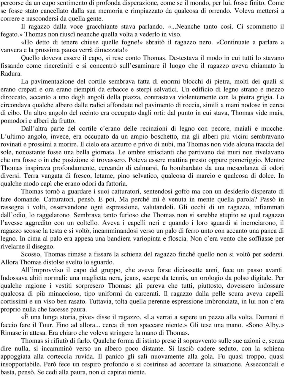 » Thomas non riuscì neanche quella volta a vederlo in viso. «Ho detto di tenere chiuse quelle fogne!» sbraitò il ragazzo nero. «Continuate a parlare a vanvera e la prossima pausa verrà dimezzata!