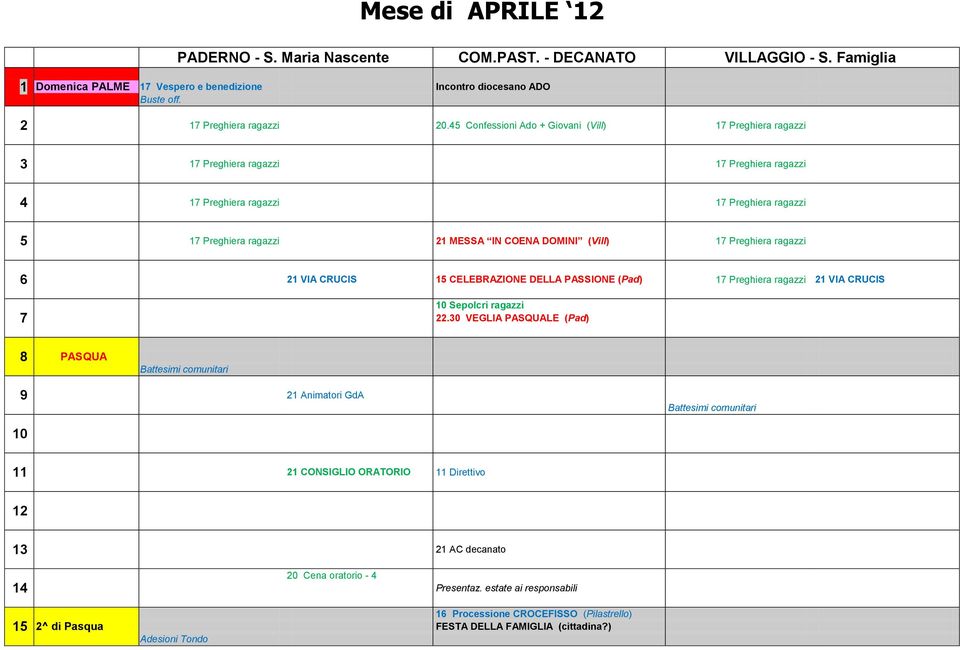 17 Preghiera ragazzi 6 21 VIA CRUCIS 15 CELEBRAZIONE DELLA PASSIONE (Pad) 17 Preghiera ragazzi 21 VIA CRUCIS 7 10 Sepolcri ragazzi 22.
