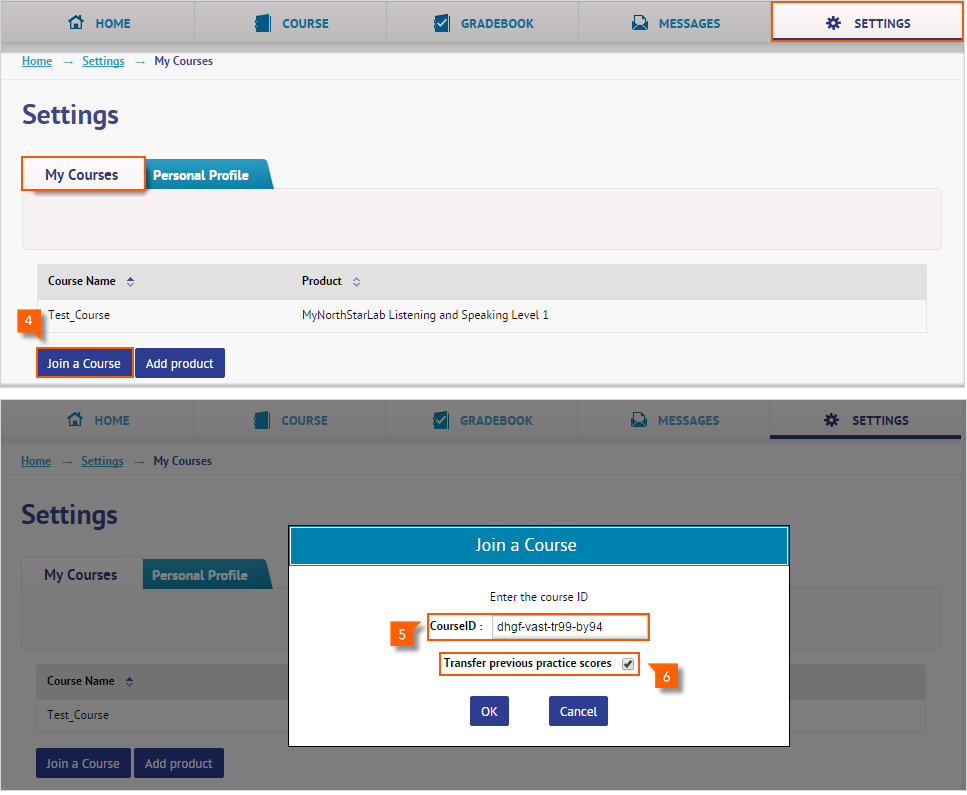 Per partecipare a un corso del docente: 1. Accedere alla pagina www.myenglishlabhelp.com/login 2. Inserire Username (Nome utente) e Password. 3. Fare clic sulla scheda Settings (Impostazioni). 4.