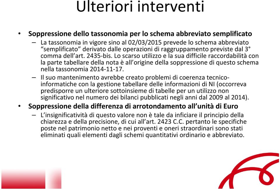 Lo scarso utilizzo e la sua difficile raccordabilitàcon la parte tabellare della nota èall origine della soppressione di questo schema nella tassonomia 2014-11-17.