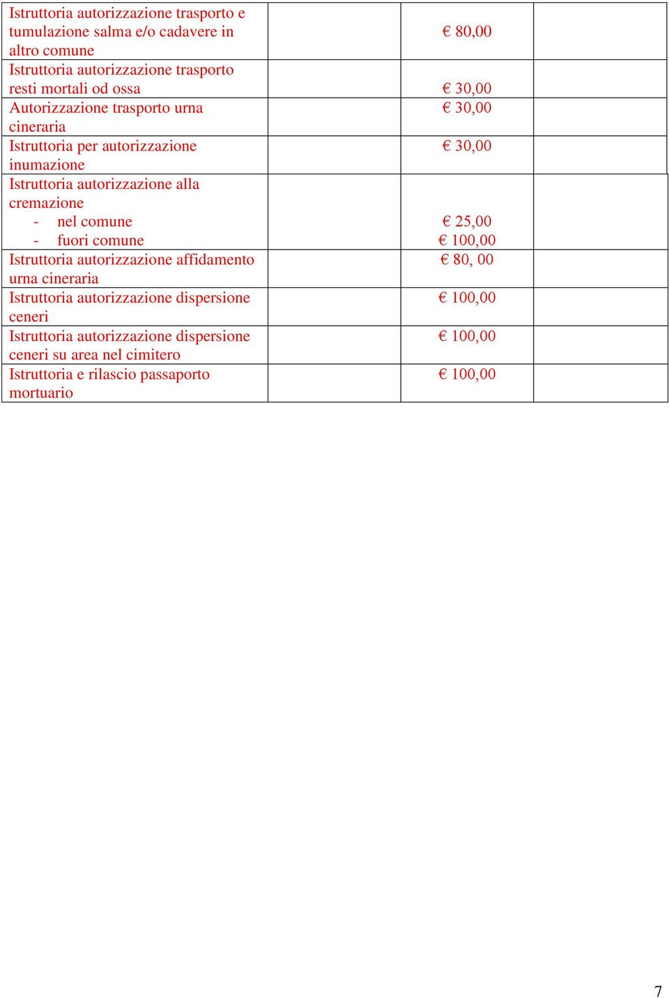 autorizzazione alla cremazione - nel comune 25,00 - fuori comune Istruttoria autorizzazione affidamento 80, 00 urna cineraria