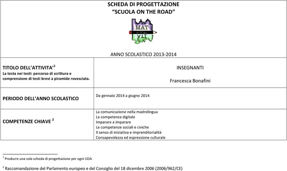 INSEGNANTI Francesca Bonafini PERIODO DELL ANNO SCOLASTICO Da gennaio 2014 a giugno 2014 COMPETENZE CHIAVE 2 La comunicazione nella madrelingua La competenza