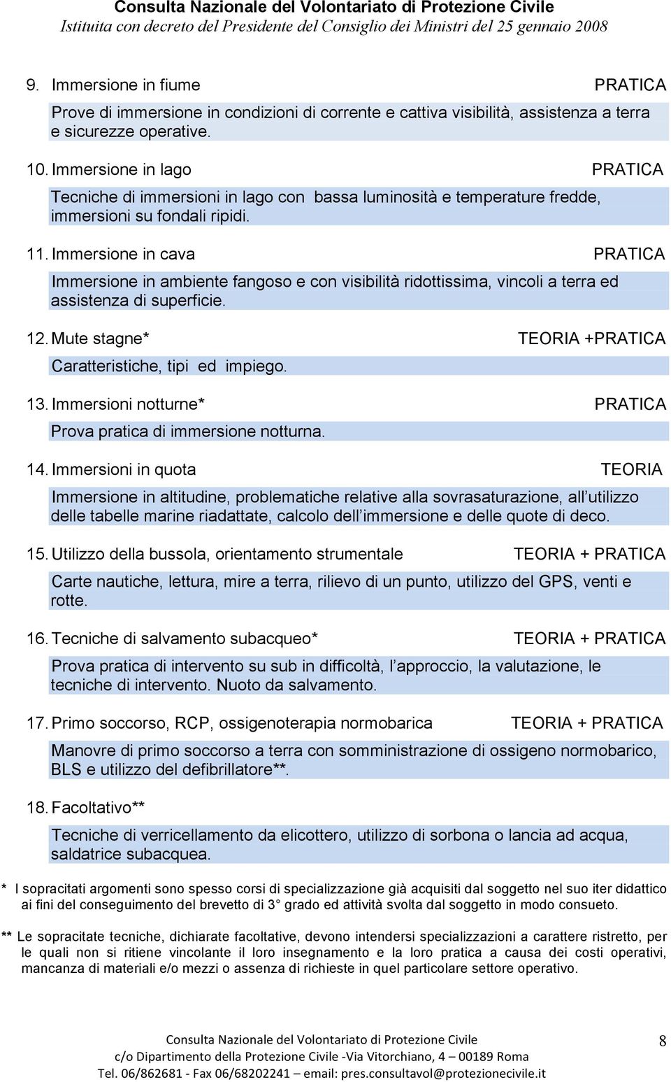 Immersione in cava PRATICA Immersione in ambiente fangoso e con visibilità ridottissima, vincoli a terra ed assistenza di superficie. 12. Mute stagne* TEORIA +PRATICA Caratteristiche, tipi ed impiego.