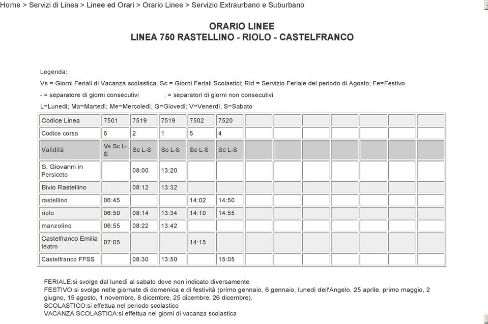 Giovanni in Persiceto Vs Sc L S Sc L S Sc L S Sc L S Sc L S 08:00 13:20 Bivio Rastellino 08:12 13:32 rastellino 06:45 14:02 14:50 riolo 06:50 08:14 13:34 14:10 14:55 manzolino 06:55 08:22 13:42 07:05