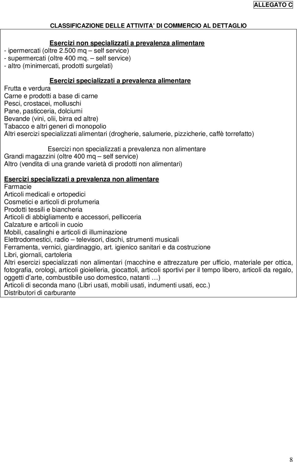 dolciumi Bevande (vini, olii, birra ed altre) Tabacco e altri generi di monopolio Altri esercizi specializzati alimentari (drogherie, salumerie, pizzicherie, caffè torrefatto) Esercizi non