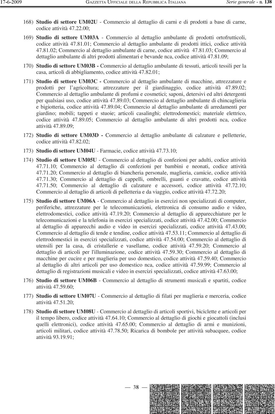 81.03; Commercio al dettaglio ambulante di altri prodotti alimentari e bevande nca, codice attività 47.81.09; 170) Studio di settore UM03B - Commercio al dettaglio ambulante di tessuti, articoli tessili per la casa, articoli di abbigliamento, codice attività 47.