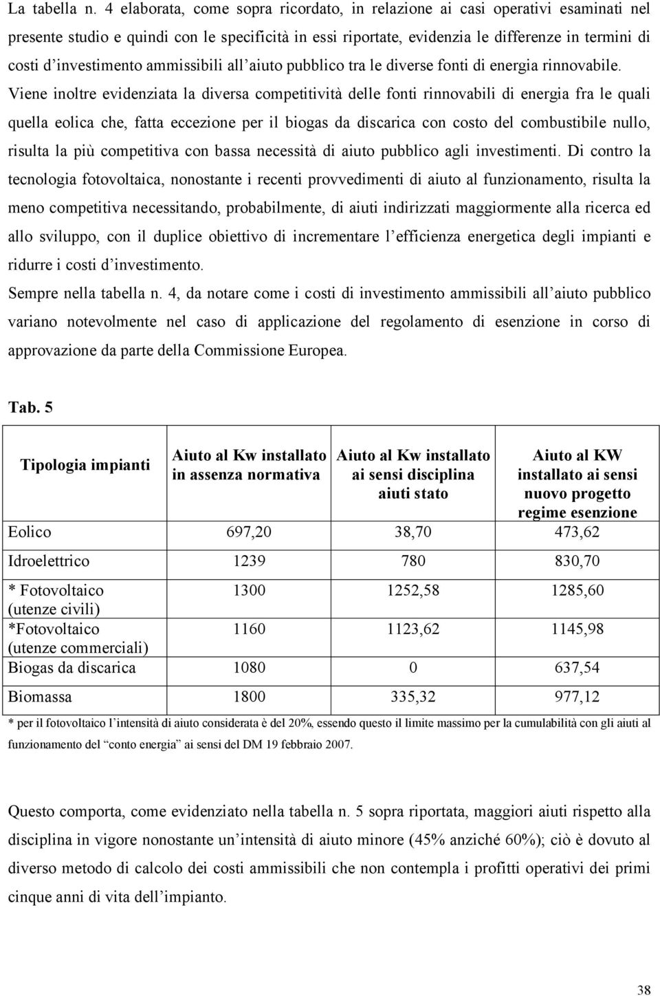 investimento ammissibili all aiuto pubblico tra le diverse fonti di energia rinnovabile.