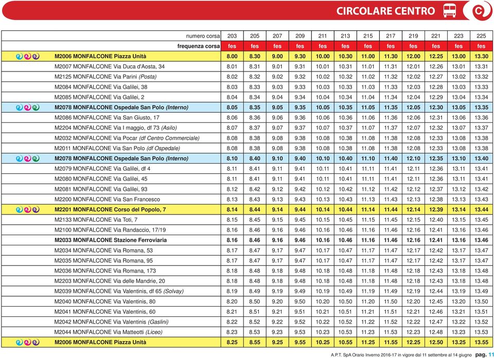 02 9.32 10.02 10.32 11.02 11.32 12.02 12.27 13.02 13.32 M2084 MONFALCONE Via Galilei, 38 8.03 8.33 9.03 9.33 10.03 10.33 11.03 11.33 12.03 12.28 13.03 13.33 M2085 MONFALCONE Via Galilei, 2 8.04 8.