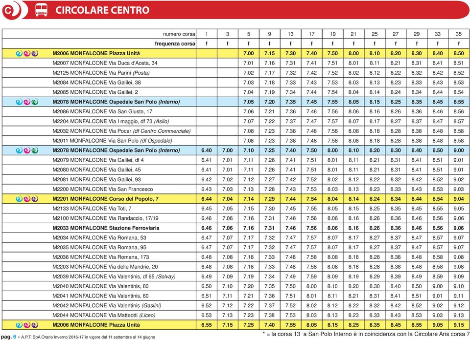 52 M2084 MONFALCONE Via Galilei, 38 7.03 7.18 7.33 7.43 7.53 8.03 8.13 8.23 8.33 8.43 8.53 M2085 MONFALCONE Via Galilei, 2 7.04 7.19 7.34 7.44 7.54 8.04 8.14 8.24 8.34 8.44 8.