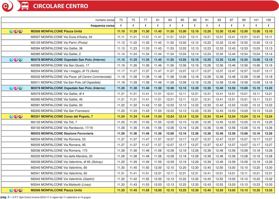 52 12.02 12.12 12.22 12.32 12.42 12.52 13.02 13.12 M2084 MONFALCONE Via Galilei, 38 11.13 11.23 11.33 11.43 11.53 12.03 12.13 12.23 12.33 12.43 12.53 13.03 13.13 M2085 MONFALCONE Via Galilei, 2 11.