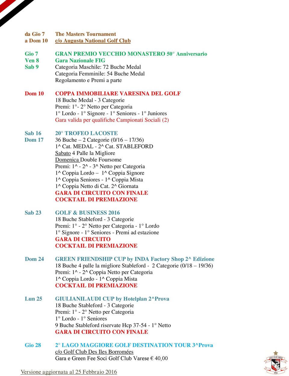 20 TROFEO LACOSTE Dom 17 36 Buche 2 Categorie (0/16 17/36) 1^ Cat. MEDAL - 2^ Cat.