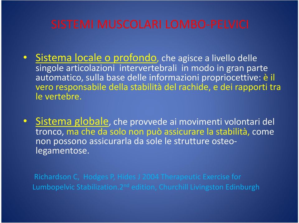 Sistema globale, che provvede ai movimenti volontari del tronco, ma che da solo non può assicurare la stabilità, come non possono assicurarla da sole