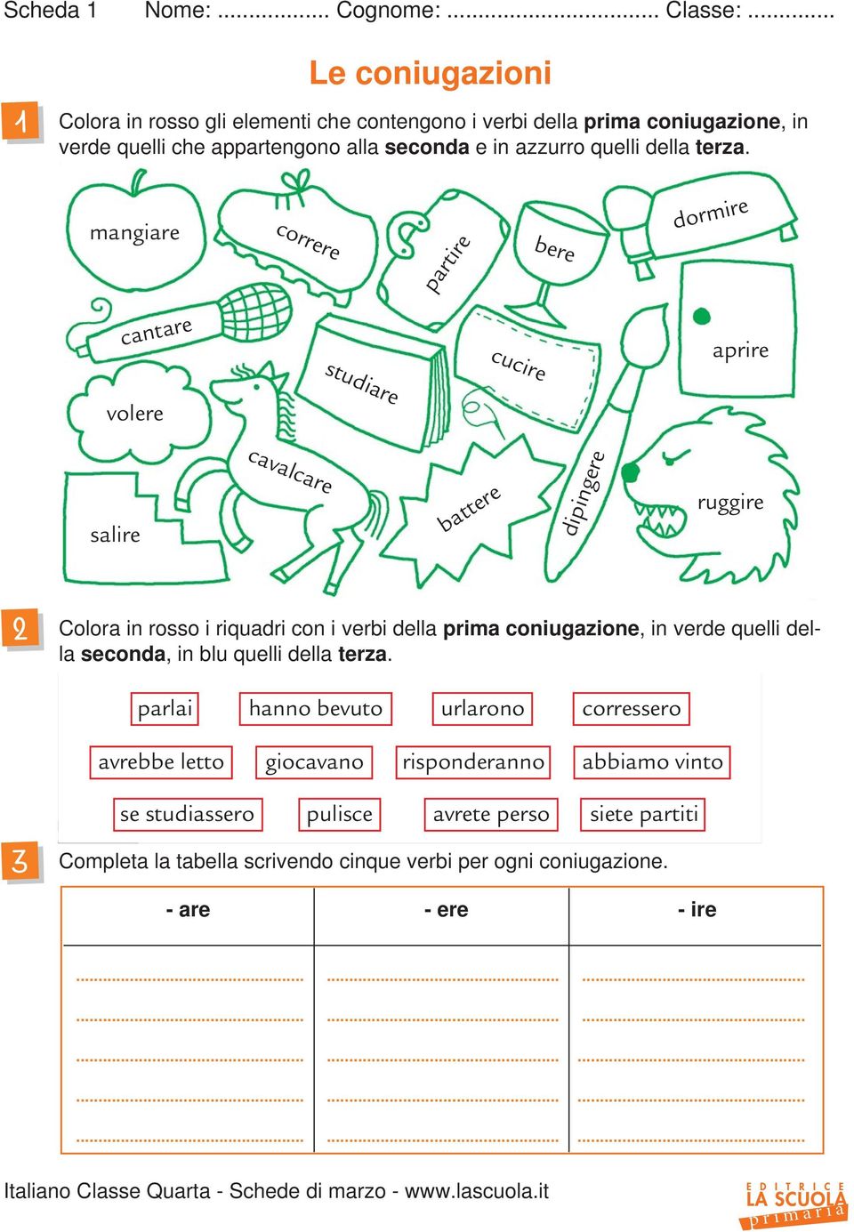 mangiare correre partire bere dormire cantare studiare cucire aprire volere salire cavalcare battere dipingere ruggire 2 Colora in rosso i riquadri con i verbi della prima