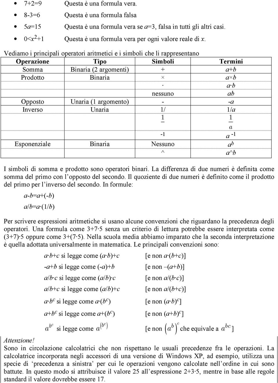 argomento) - -a Inverso Unaria 1/ 1/a 1 1 a -1 a -1 Esponenziale Binaria Nessuno a b ^ a^b I simboli di somma e prodotto sono operatori binari.