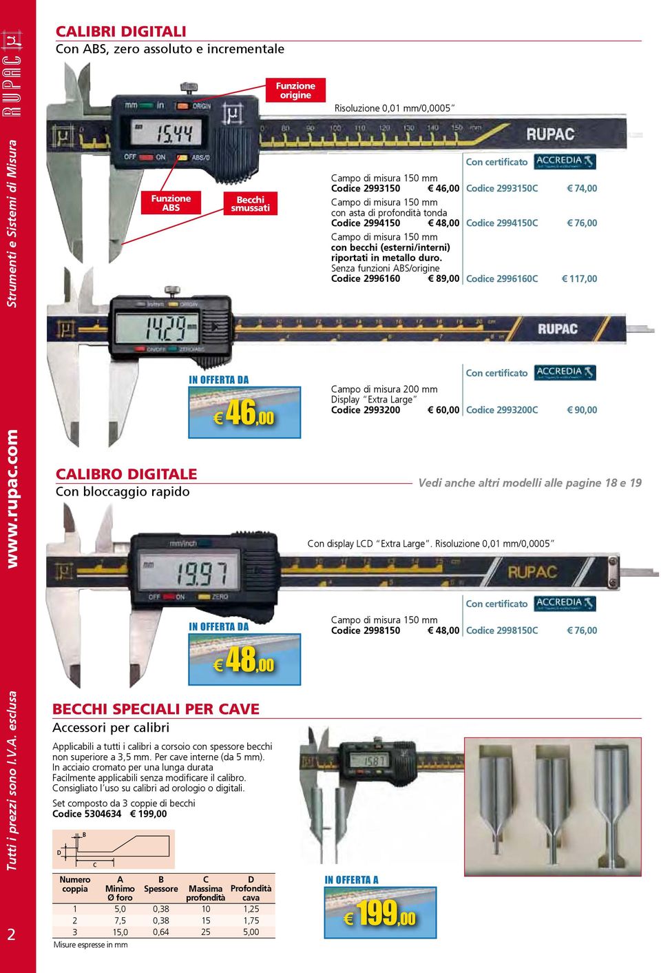 Senza funzioni ABS/origine Codice 2996160 89,00 Codice 2996160C 117,00 2 CALIBRO DIGITALE Con bloccaggio rapido Applicabili a tutti i calibri a corsoio con spessore becchi non superiore a 3,5 mm.