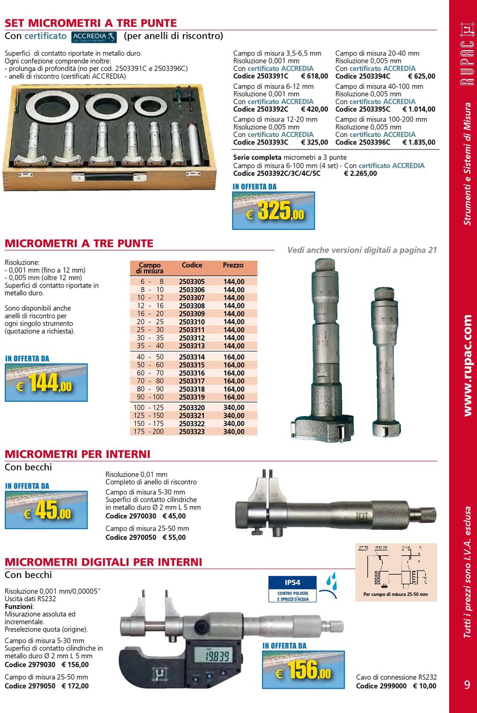 420,00 Campo di misura 12-20 mm Risoluzione 0,005 mm Codice 2503393C 325,00 325,00 Campo di misura 20-40 mm Risoluzione 0,005 mm Codice 2503394C 625,00 Campo di misura 40-100 mm Risoluzione 0,005 mm