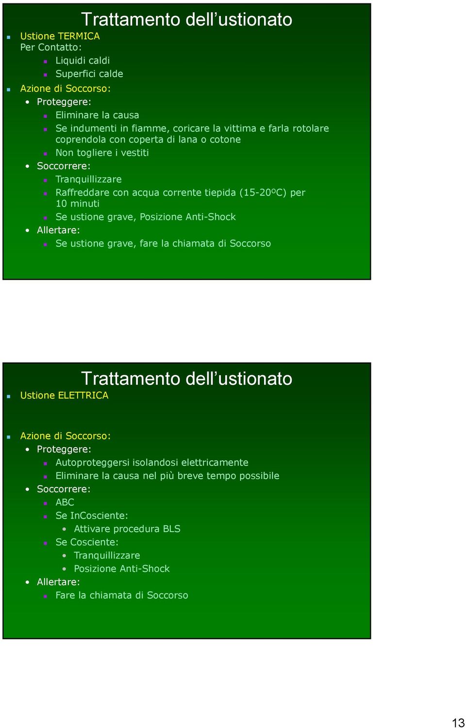 Anti-Shock Allertare: Se ustione grave, fare la chiamata di Soccorso Ustione ELETTRICA Trattamento dell ustionato Azione di Soccorso: Proteggere: Autoproteggersi isolandosi elettricamente