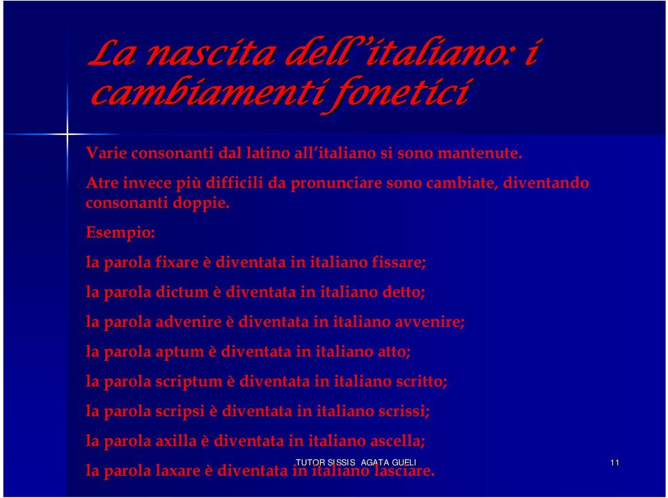Esempio: la parola fixare è diventata in italiano fissare; la parola dictum è diventata in italiano detto; la parola advenire è diventata in italiano