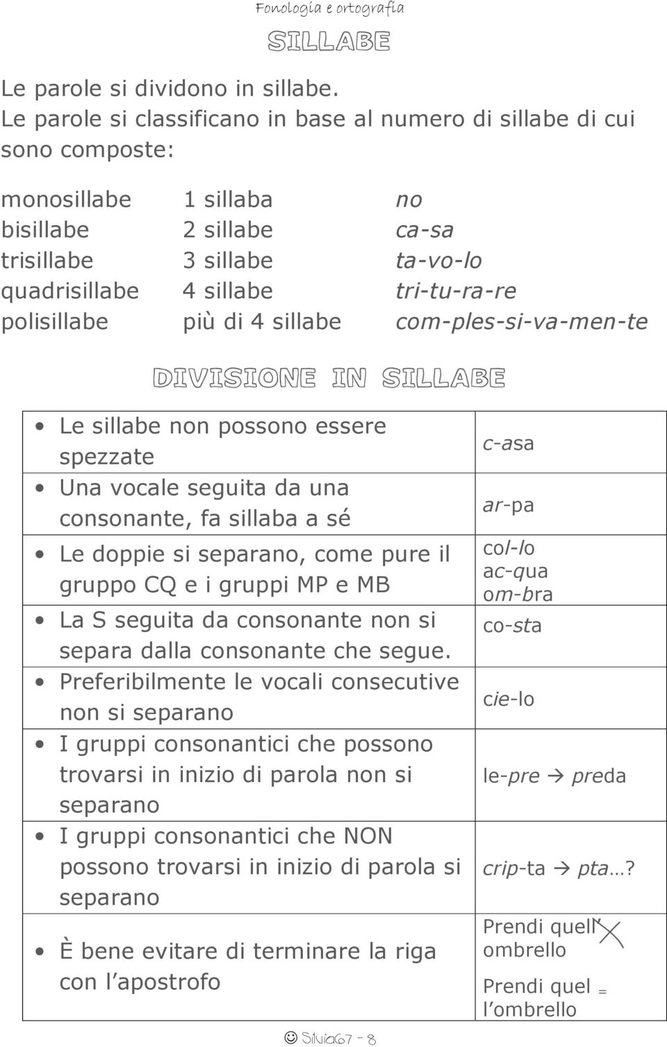 polisillabe più di 4 sillabe com-ples-si-va-men-te DIVISIONE IN SILLABE Le sillabe non possono essere spezzate Una vocale seguita da una consonante, fa sillaba a sé Le doppie si separano, come pure