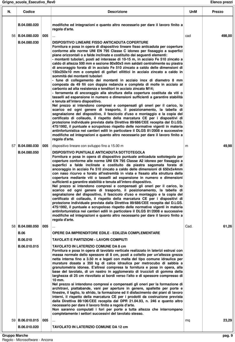 .. cad 498,00 030 DISPOSITIVO LINEARE FISSO ANTICADUTA COPERTURE Fornitura e posa in opera di dispositivo lineare fisso anticaduta per coperture conforme alle norme UNI EN 795 Classe C idoneo per