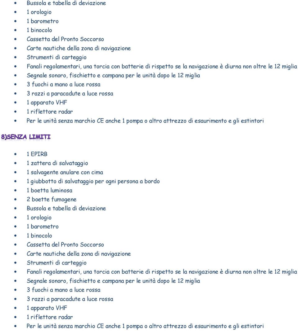 zattera di salvataggio  Strumenti di carteggio 3 fuochi a mano a luce rossa 3 razzi a paracadute a luce rossa 1 apparato VHF 1