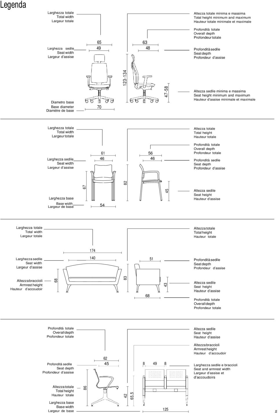 d assise Altezza braccioli Armrest height Hauteur d accoudoir Diametro base Base diameter 70 Diamètre de base Larghezza totale Total width Largeur totale 61 Larghezza sedile 46 Seat width Largeur d