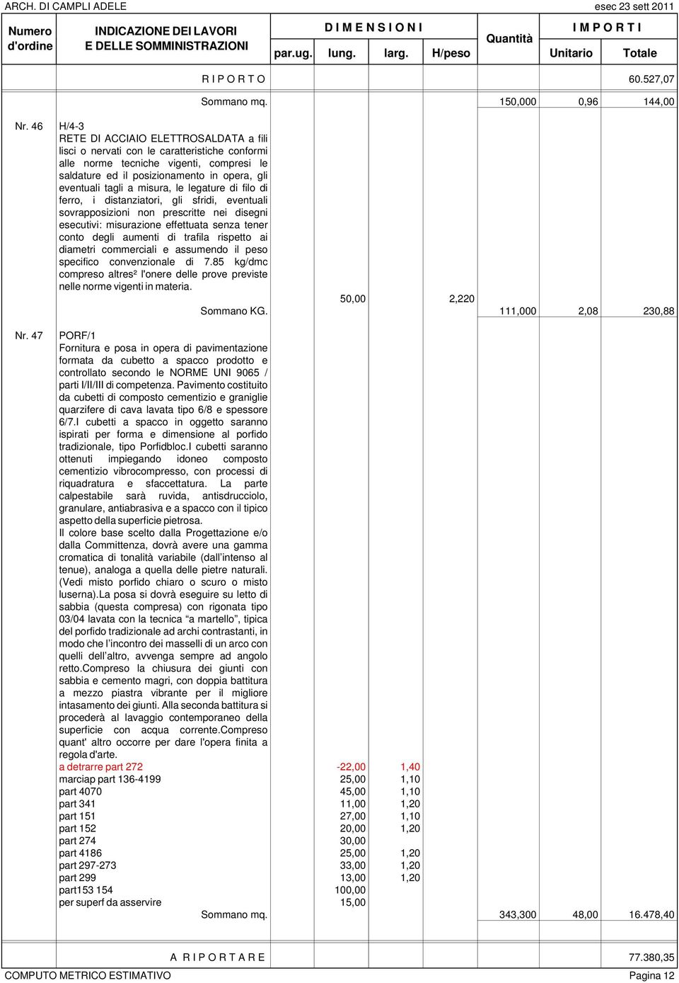 misura, le legature di filo di ferro, i distanziatori, gli sfridi, eventuali sovrapposizioni non prescritte nei disegni esecutivi: misurazione effettuata senza tener conto degli aumenti di trafila