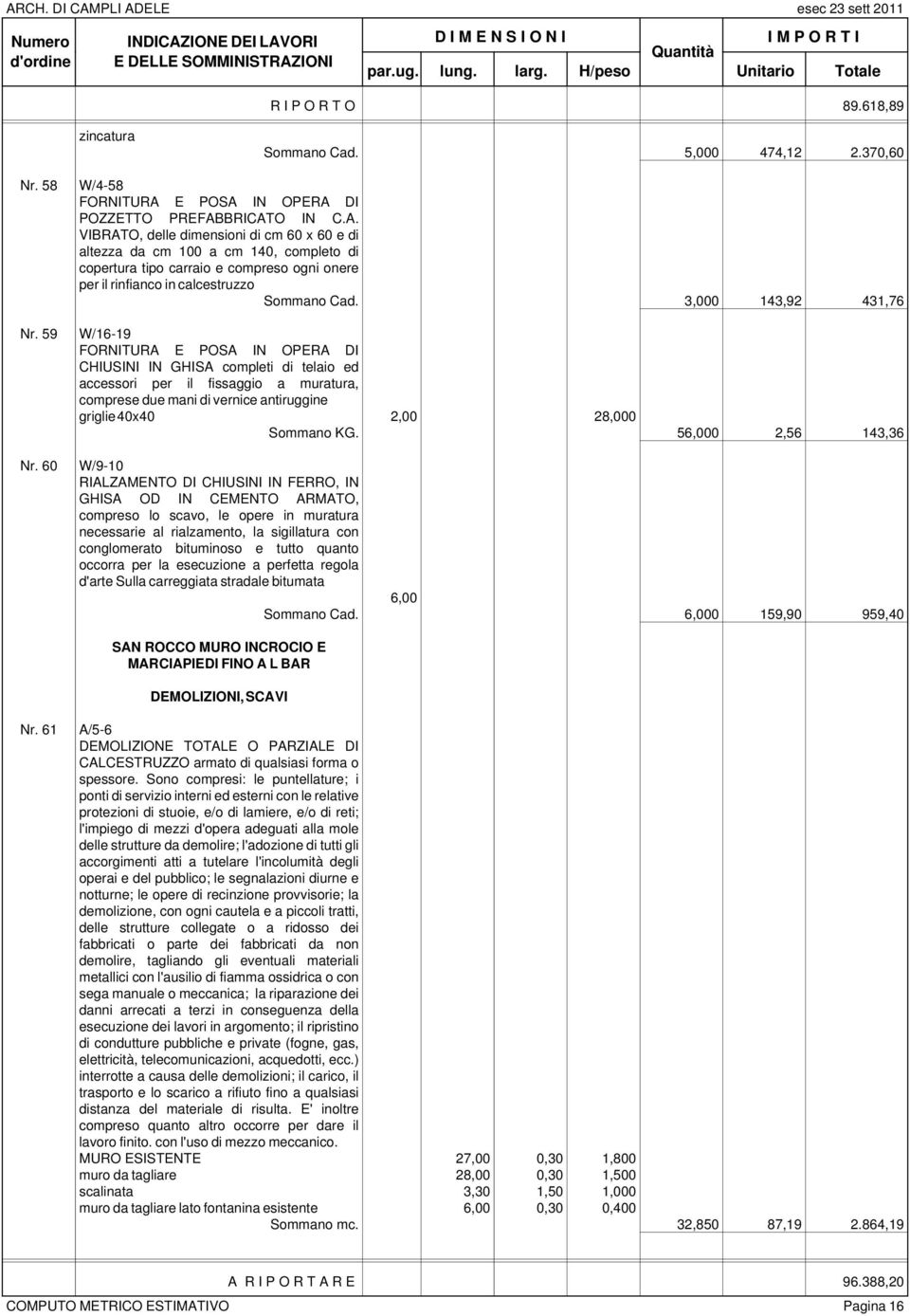 3,000 143,92 431,76 W/16-19 FORNITURA E POSA IN OPERA DI CHIUSINI IN GHISA completi di telaio ed accessori per il fissaggio a muratura, comprese due mani di vernice antiruggine griglie 40x40 2,00