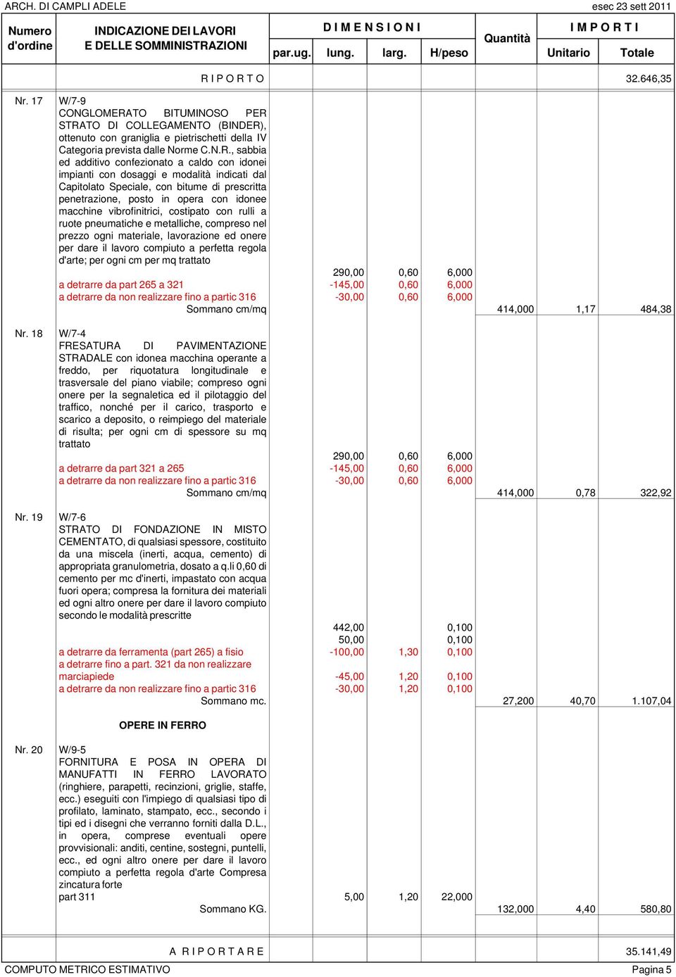 vibrofinitrici, costipato con rulli a ruote pneumatiche e metalliche, compreso nel prezzo ogni materiale, lavorazione ed onere per dare il lavoro compiuto a perfetta regola d'arte; per ogni cm per mq