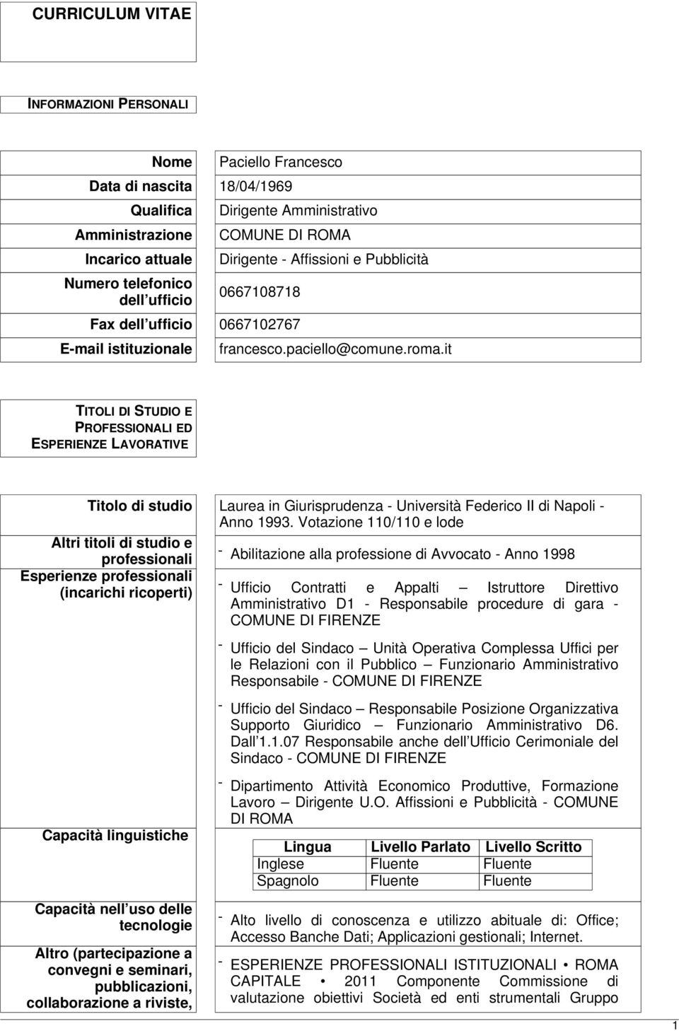 it TITOLI DI STUDIO E PROFESSIONALI ED ESPERIENZE LAVORATIVE Titolo di studio Laurea in Giurisprudenza - Università Federico II di Napoli - Anno 1993.