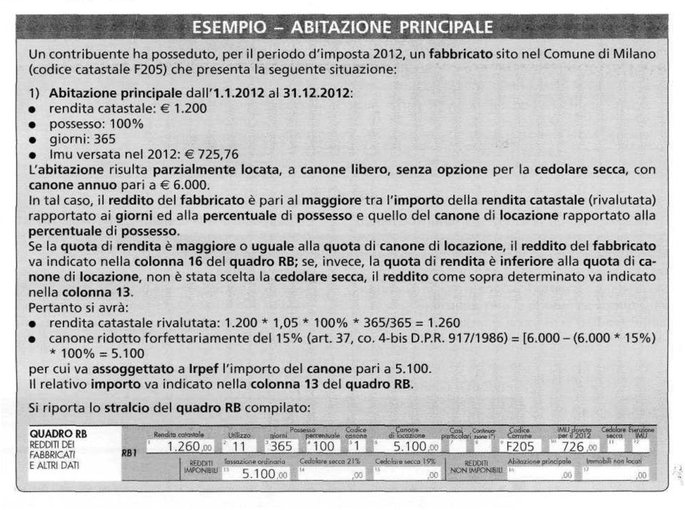 200 giorni: 365 Imu versata nel 2012: 725,76 L'abitazione risulta parzialmente locata, a canone libero, senza opzione per la cedolare secca, con canone annuo pari a 6.000.