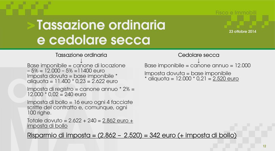 000 * 0,02 = 240 euro Imposta di bollo = 16 euro ogni 4 facciate scritte del contratto e, comunque, ogni 100 righe. Totale dovuto = 2.