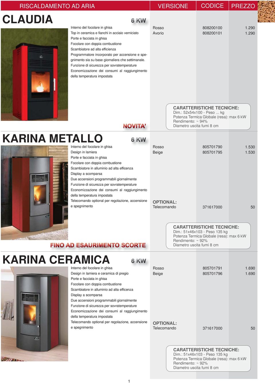 290 KARINA METALLO Design in lamiera Porte e facciata in ghisa Scambiatore in alluminio ad alta efficenza Display a scomparsa Due accensioni programmabili giornalmente Funzione di sicurezza per