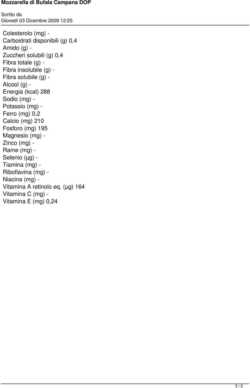 (mg) 0,2 Calcio (mg) 210 Fosforo (mg) 195 Magnesio (mg) - Zinco (mg) - Rame (mg) - Selenio (µg) - Tiamina (mg)