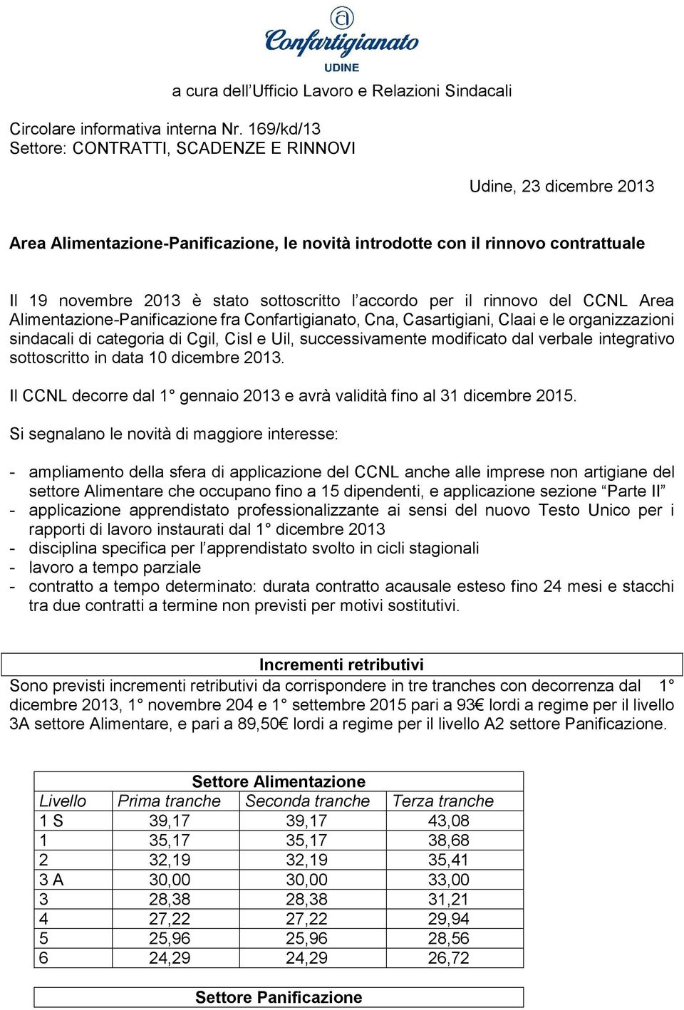 accordo per il rinnovo del CCNL Area Alimentazione-Panificazione fra Confartigianato, Cna, Casartigiani, Claai e le organizzazioni sindacali di categoria di Cgil, Cisl e Uil, successivamente