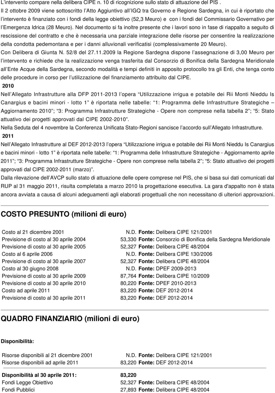 fondi del Commissario Governativo per l Emergenza Idrica (28 Meuro).
