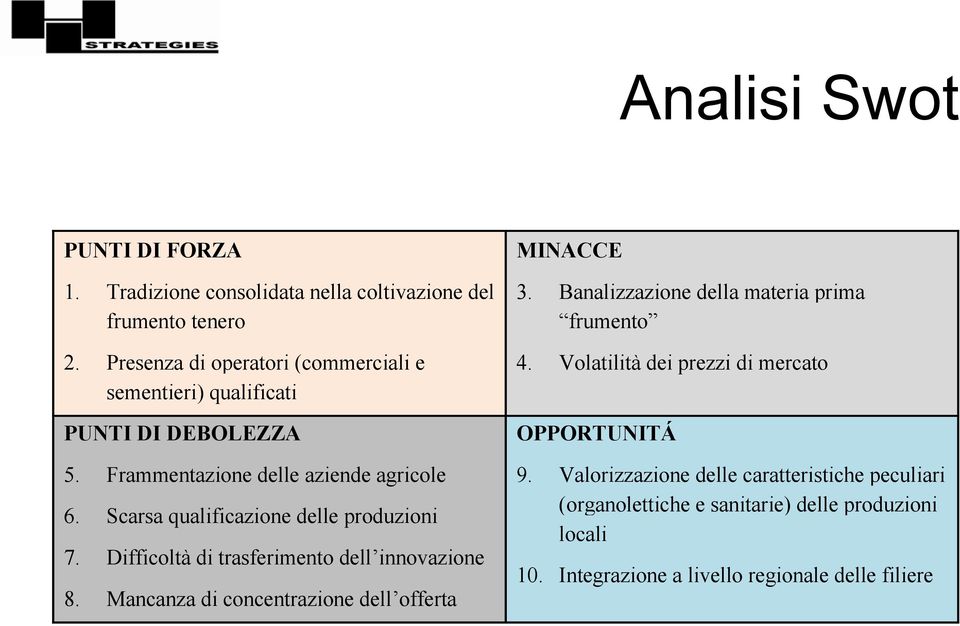 Scarsa qualificazione delle produzioni 7. Difficoltà di trasferimento dell innovazione 8. Mancanza di concentrazione dell offerta MINACCE 3.