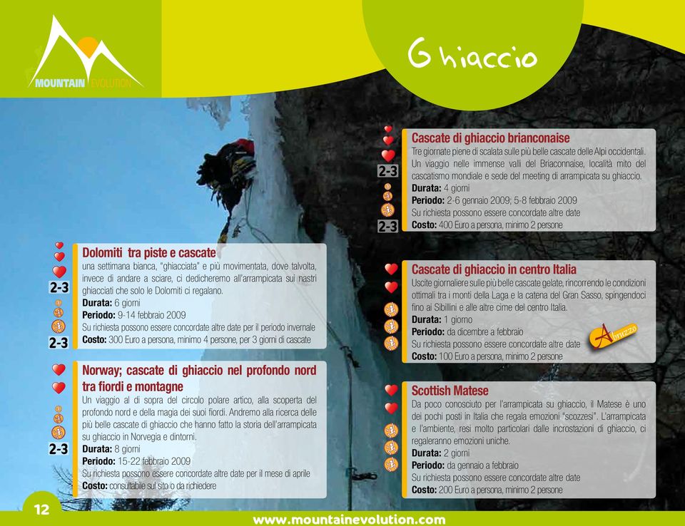 Durata: 6 giorni Periodo: 9-14 febbraio 2009 per il periodo invernale Costo: 300 Euro a persona, minimo 4 persone, per 3 giorni di cascate Norway; cascate di ghiaccio nel profondo nord tra fiordi e