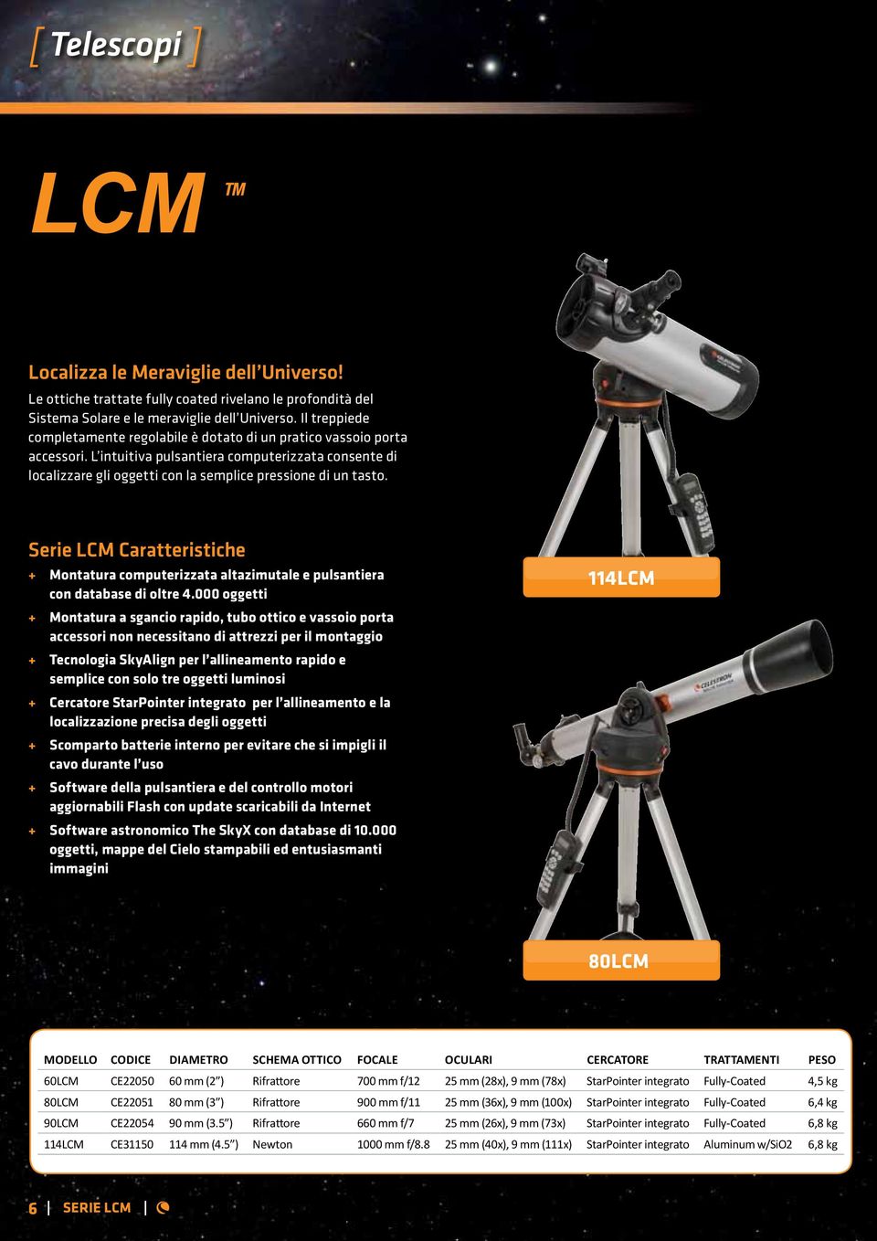 Serie LCM Caratteristiche + Montatura computerizzata altazimutale e pulsantiera con database di oltre 4.