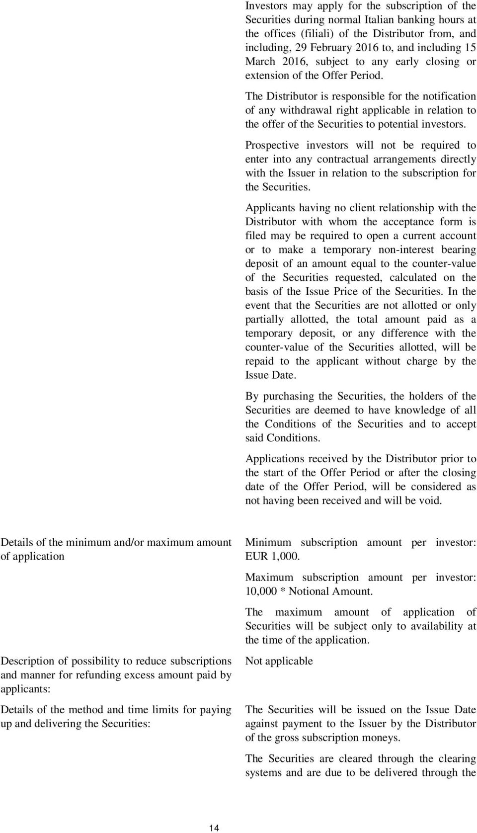 The Distributor is responsible for the notification of any withdrawal right applicable in relation to the offer of the Securities to potential investors.