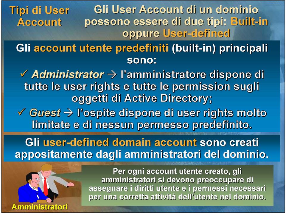 user rights molto limitate e di nessun permesso predefinito. Gli user-defined domain account sono creati appositamente dagli amministratori del dominio.