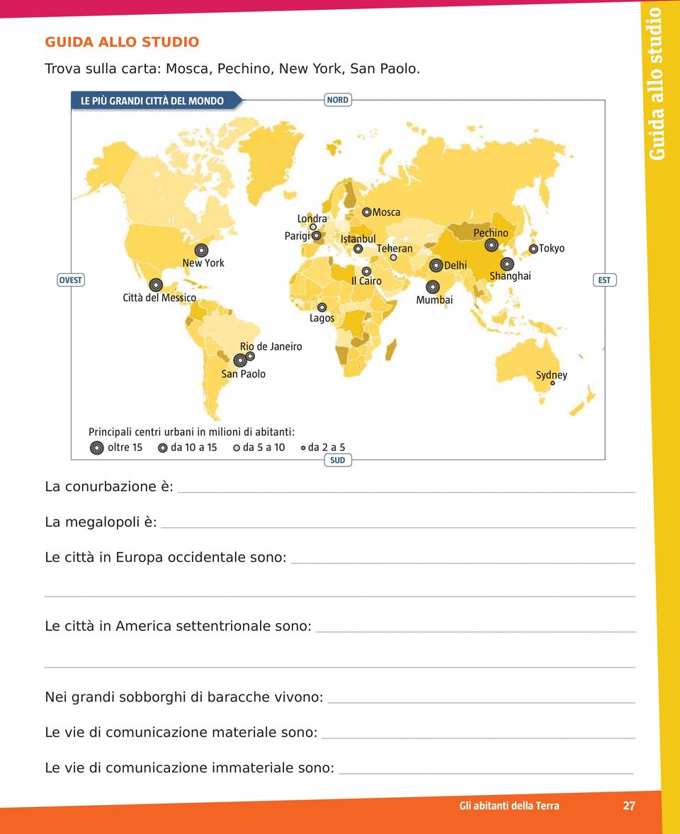 Rio de Janeiro San Paolo Sydney Principali centri urbani in milioni di abitanti: oltre 15 da 10 a 15 da 5 a 10 da 2 a 5 La conurbazione è: La megalopoli è: Le