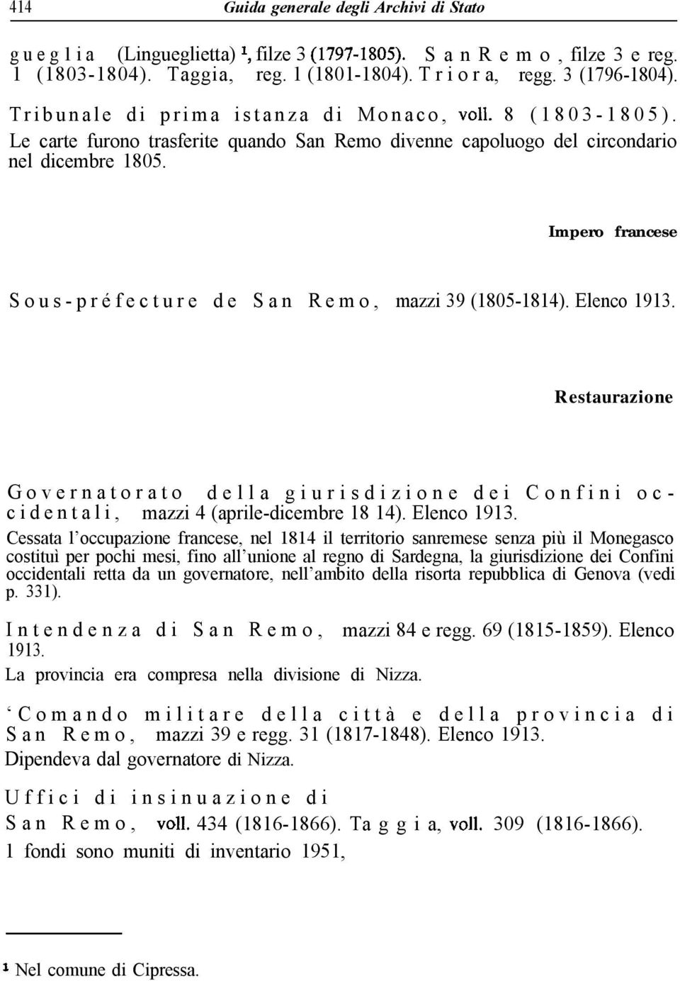 Impero francese Sous-préfecture de San Remo, mazzi 39 (1805-1814). Elenco 1913.