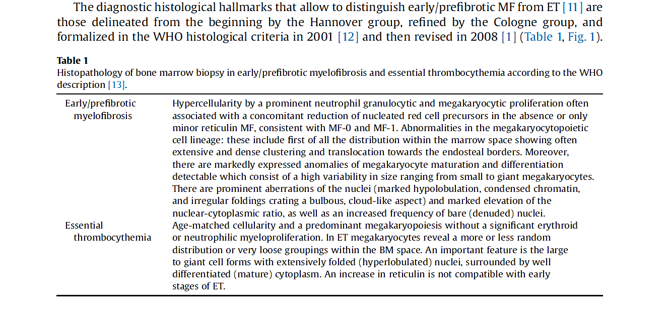 Diagnosis of early/prefibrotic MF The diagnostic histological hallmarks