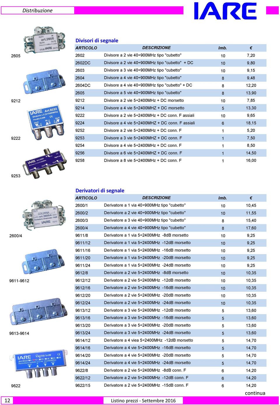 Divisore a 2 vie 5 2400MHz + DC morsetto 10 7,85 9214 Divisore a 4 vie 5 2400MHZ + DC morsetto 5 13,30 9222 Divisore a 2 vie 5 2400MHz + DC conn.