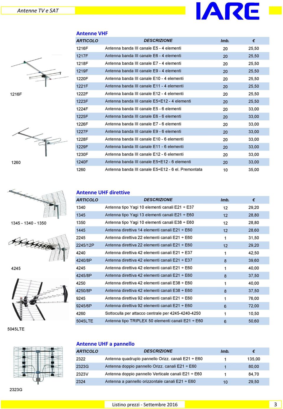 canale E12-4 elementi 20 25,50 1223F Antenna banda III canale E5 E12-4 elementi 20 25,50 1224F Antenna banda III canale E5-6 elementi 20 33,00 1225F Antenna banda III canale E6-6 elementi 20 33,00