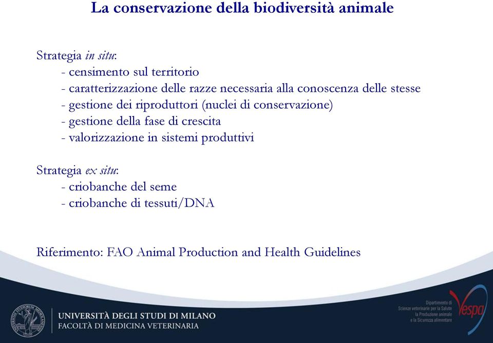 (nuclei di conservazione) - gestione della fase di crescita - valorizzazione in sistemi produttivi