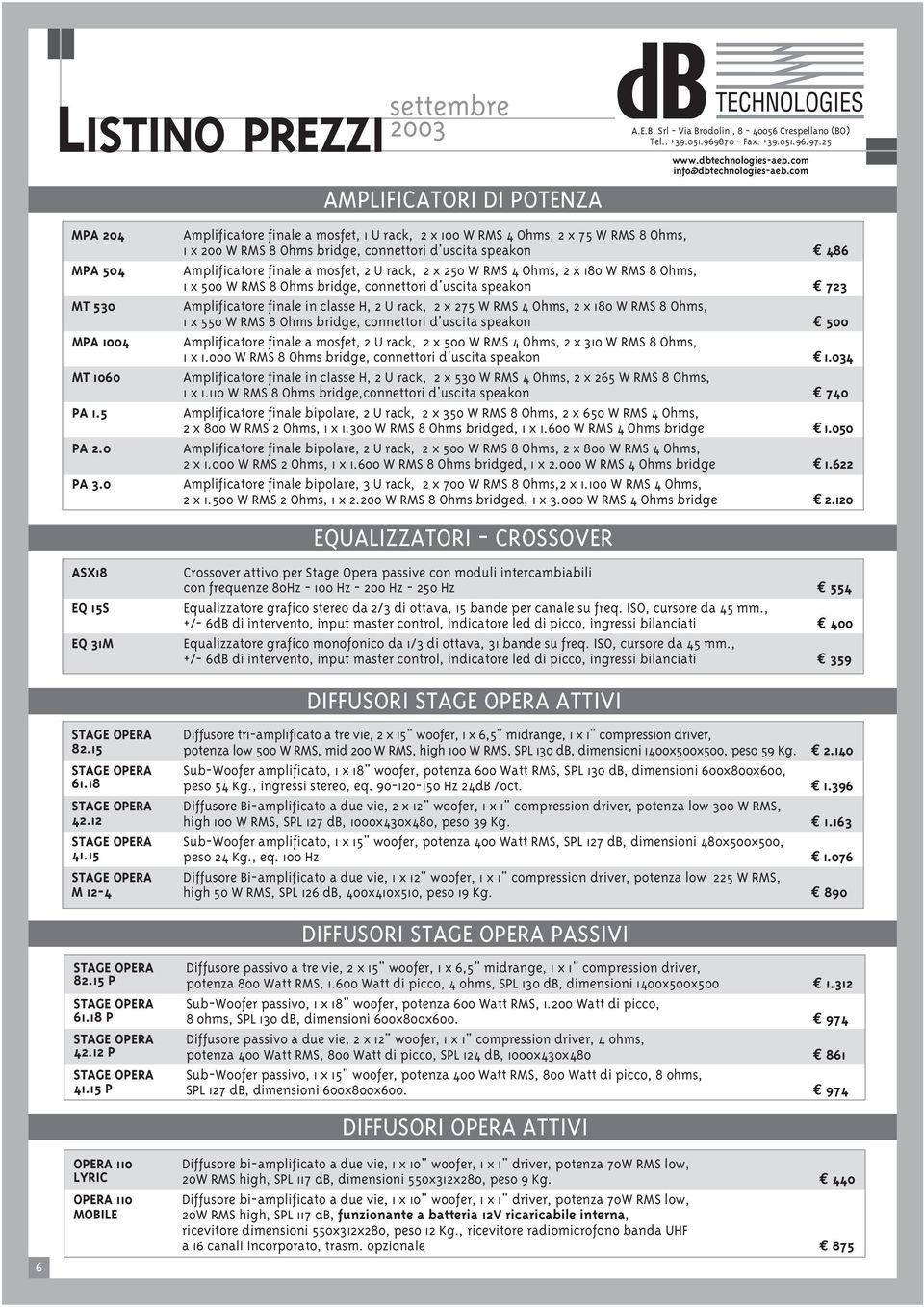 486 Amplificatore finale a mosfet, 2 U rack, 2 x 250 W RMS 4 Ohms, 2 x 180 W RMS 8 Ohms, 1 x 500 W RMS 8 Ohms bridge, connettori d'uscita speakon 723 Amplificatore finale in classe H, 2 U rack, 2 x