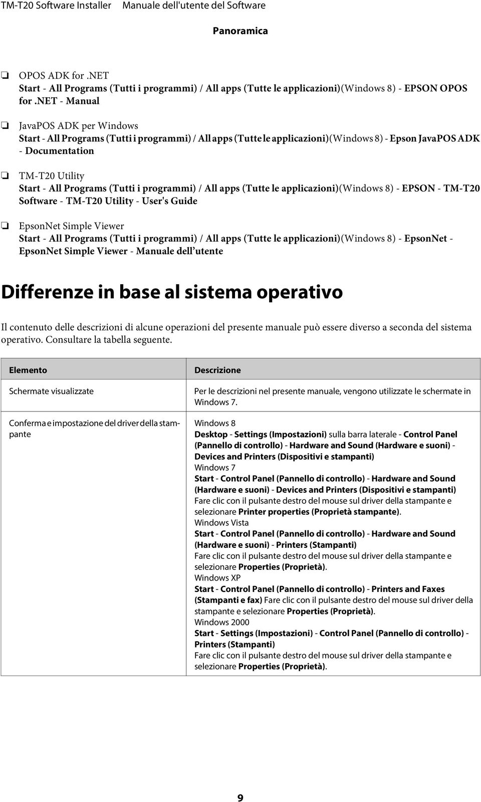 (Tutti i programmi) / All apps (Tutte le applicazioni)(windows 8) - EPSON - TM-T20 Software - TM-T20 Utility - User's Guide EpsonNet Simple Viewer Start - All Programs (Tutti i programmi) / All apps